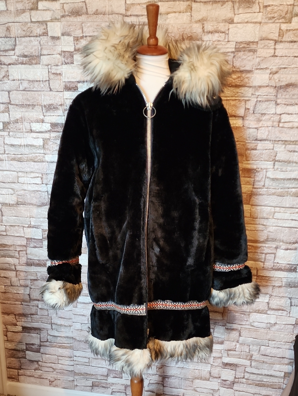Stearns Vintage Dark Blue  Black Parka  Faux Fur Jacket with Hood Full Zip